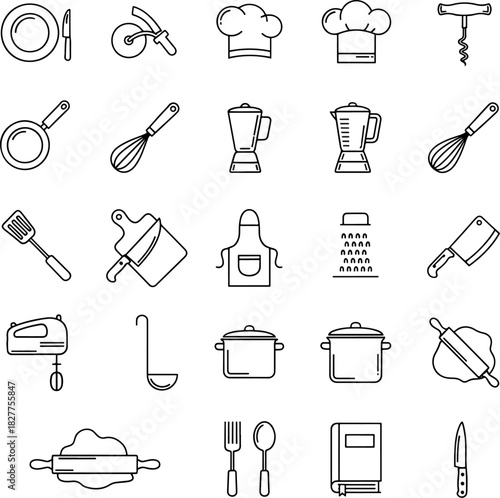 Collection of Kitchen Utensils and Cooking Equipment Icons Including Pots, Pans, Knives, and Aprons