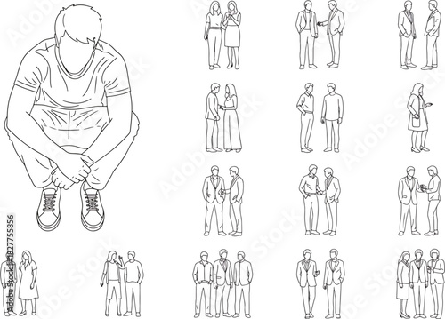 Collection of Line Art Illustrations Featuring People in Various Poses and Interactions Standing and Crouching
