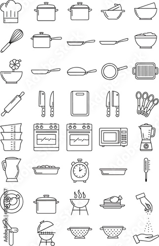 Collection of Kitchen Utensils and Appliances Icons Including Chef Hat Pots Pans Whisk Rolling Pin Oven Microwave and More