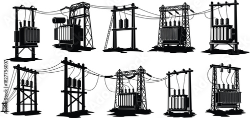 Silhouette Vector Set of High Voltage Electrical Substations and Heavy Duty Transformers for Industrial Power Grid Infrastructure