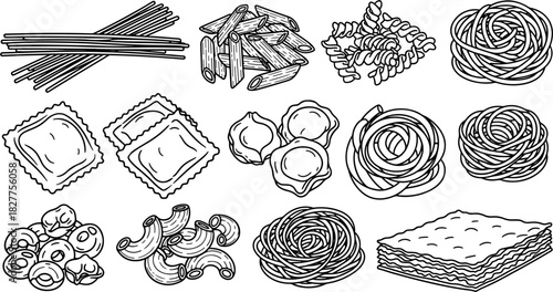 Collection of Hand-Drawn Pasta Types Including Spaghetti, Penne, Fusilli, Ravioli, Tortellini, Lasagna Sheets, and Macaroni