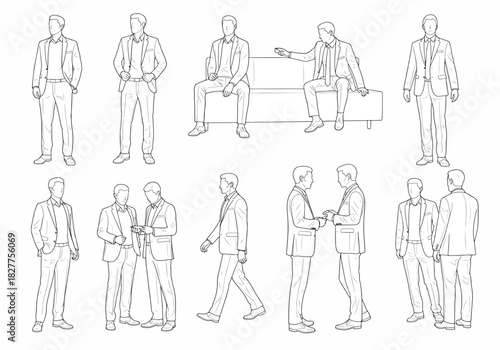 Collection of Hand Drawn Businessmen Figures in Various Poses Executing Professional Activities and Social Interactions