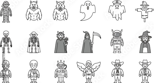 Collection of Halloween and costume characters icons featuring a mummy, werewolf, ghost, scarecrow, skeleton, devil, grim reaper, astronaut, vampire, cowboy, alien, and robot
