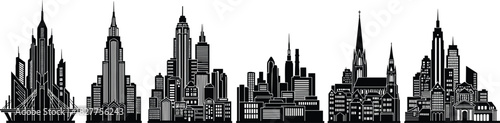 Black and white silhouette skyline of diverse architectural styles and building types