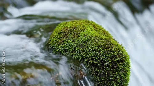 Close up of green moss on a rock in a flowing stream.