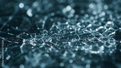 Close up of shattered glass with intricate web of cracks and bokeh background.