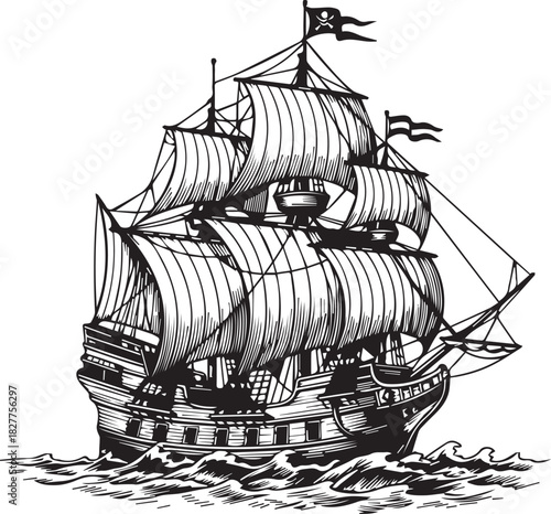 Vintage Engraving Pirate Ship Galleon on Waves