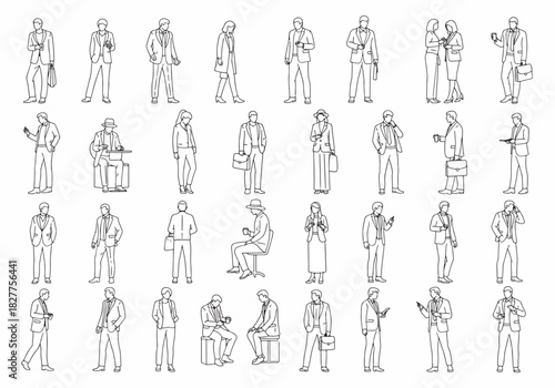 Collection of diverse professional men and women figures in business attire with accessories, illustrated in a clean line art style, isolated on white.