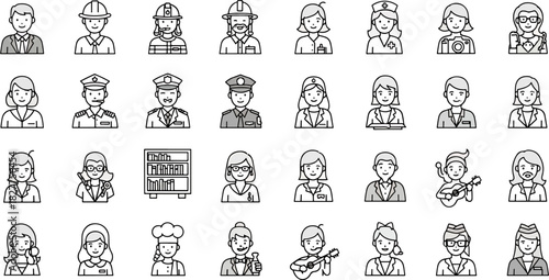 Collection of diverse professional people icons with different occupations and careers in a clean outline style
