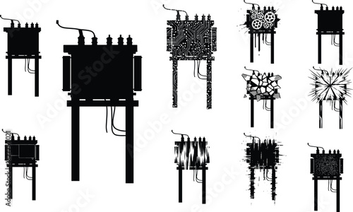 Silhouette Vector Set of Electric Utility Transformers on Poles Including Abstract Grunge and Circuit Styles for Energy
