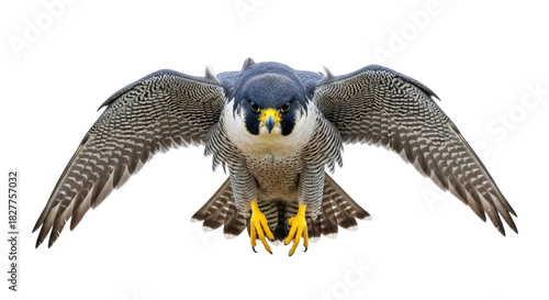 Fotografie Isolated Peregrine Falcon flying, majestic bird of prey in flight, wings spread