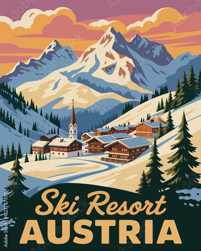 Austrian alps winter travel poster, vintage 1950s style design, snow-covered peaks, charming chalets, pine trees, clear blue sky, skiing holiday theme, alpine adventure scenic illustration.