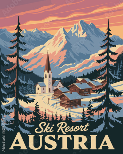 Austrian alps winter travel poster, retro 1950s design, snow-covered mountains, traditional chalets, tall pine trees, clear sky, ideal for skiing holiday graphics and alpine adventure scenes.
