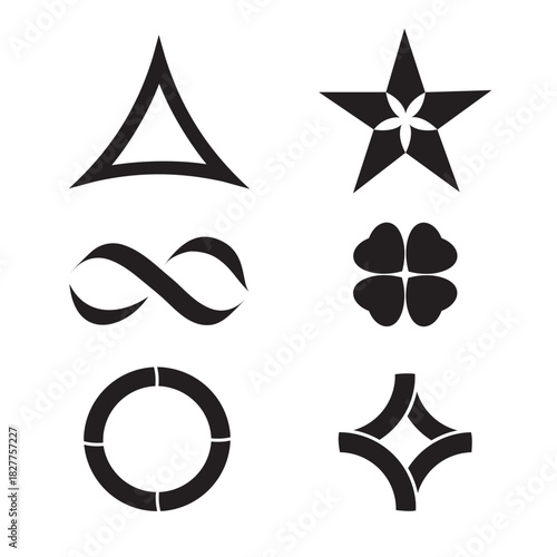 Ensemble d'Icônes Illustrations Symbole Abstrait Infini Etoile Triangle Trèfle Noir et Blanc Vecteur