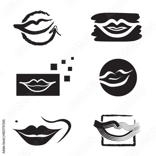 Ensemble d'Icônes Illustration Dessin Bouche et Lèvres pour Design Logos Vecteur Noir et Blanc