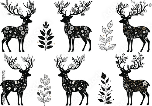 Black deer silhouettes adorned with intricate gold and white floral and leaf patterns