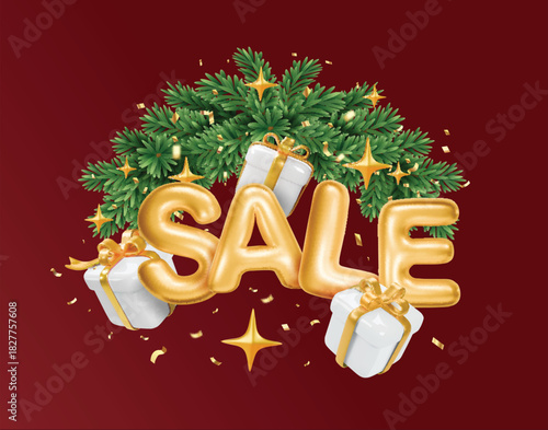 Christmas sale poster. Wreath with gift boxes, gold confetti and green pine tree branch 3d gold balloon lettering New Year sales and gifts, Christmas marketing, holiday promotions design.