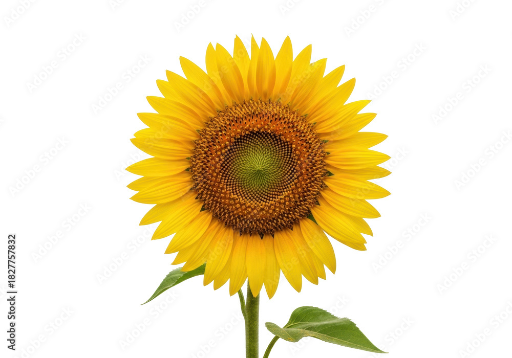 Fototapeta premium Isolated, bright yellow sunflower flower in full bloom showing center, petals, stem and leaves