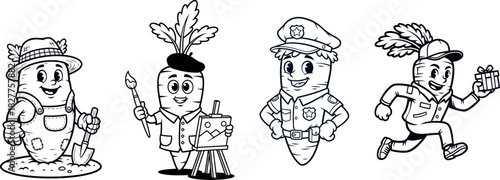 Carrot Character Set – Gardener, Artist, Police & Delivery Mascots | Cute Vegetable Line Art (Daucus carota)