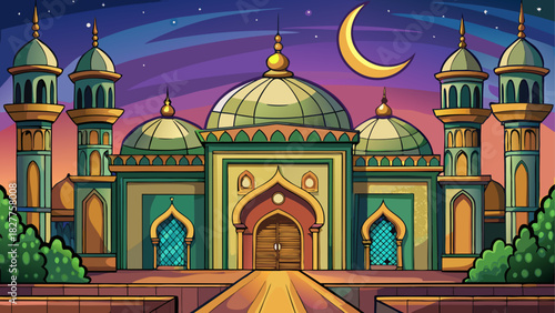 A cartoon mosque with a crescent moon overhead