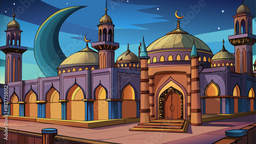 Cartoon mosque against a crescent moon at night