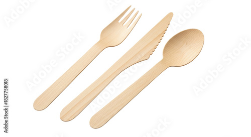 Isolated wooden cutlery set spoon fork knife environmentally friendly tableware food utensils
