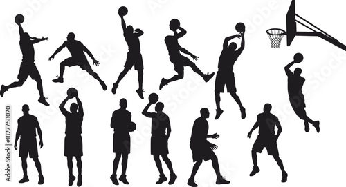 Black silhouette basketball players in various action poses on white background vector