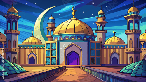 Illustration of a mosque under a crescent moon sky