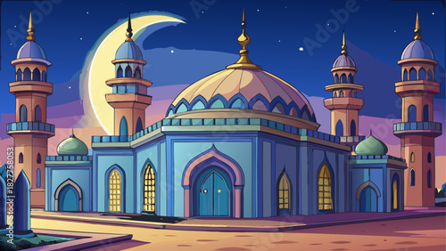 Illustration of a mosque under a crescent moon