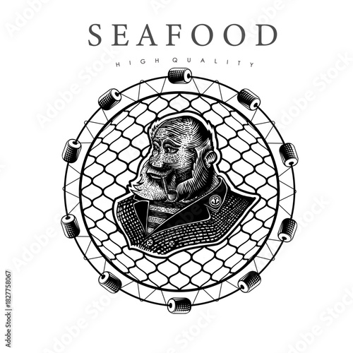 Fisherman portrait hand draw vector emblem with fishing net background isolated on white. Design of label for canned fish and seafood