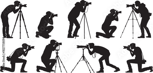 Silhouette of photographers in various poses with cameras and tripods