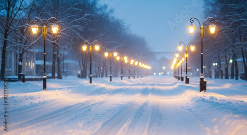 Snowy street illuminated by lampposts in winter evening glow  