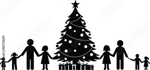Black silhouette family holding hands around a decorated Christmas tree with gifts