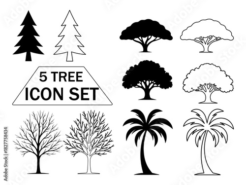 Five tree icon set with different tree types isolated