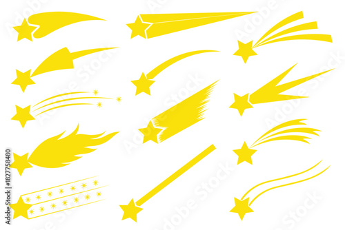 Collection of different yellow shooting stars illustration isolated on white background