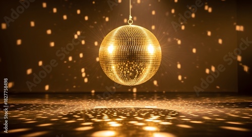 Golden disco ball casting light patterns on floor and wall