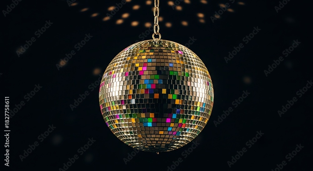 Obraz premium A glittering golden disco mirror ball suspended in darkness, casting sparkling and colorful light reflections for a festive party atmosphere