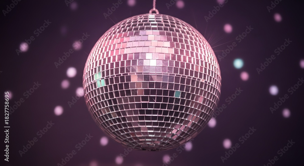 Obraz premium Glittering disco ball casting brilliant reflections under vibrant purple lights, whisking up a night of entertainment and festive fun