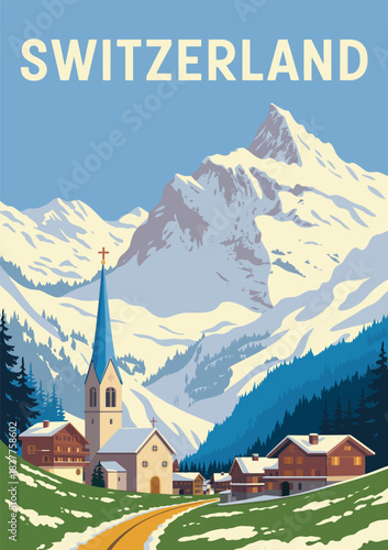 Switzerland travel poster, summer alps landscape, vintage nature banner, mountain village inspiration, flat vector illustration, suitable for scenic travel artwork and alpine adventure design 