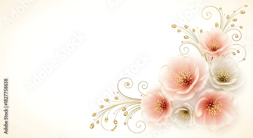 Elegant corner floral arrangement with soft pink and white blossoms and delicate golden swirl accents isolated on white background