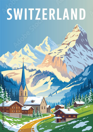Switzerland travel poster, vintage nature banner with summer alpine landscape, mountain village setting, flat vector style, ideal for scenic travel design and classic adventure graphics.
