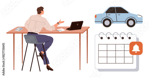 Man sitting at desk with laptop, calendar and notification icon, and car image suggesting planning, scheduling, and transportation. Ideal for productivity, time management, workplace efficiency