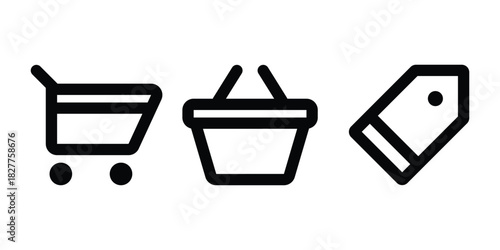 Shopping and E-Commerce Icons. Cart, Basket, and Price Tag Minimal Line Vector Set