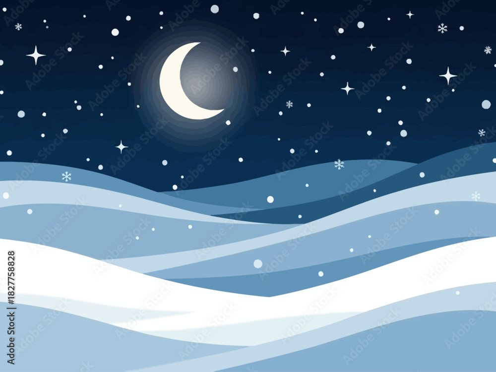 Fototapeta premium Winter night landscape with snow-covered hills and a crescent moon.