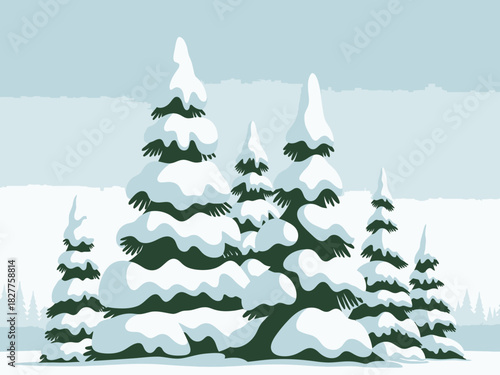 A cluster of snow-covered pine trees in a winter landscape.