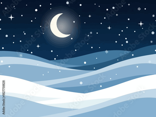 Winter night landscape with snow-covered hills and a crescent moon.