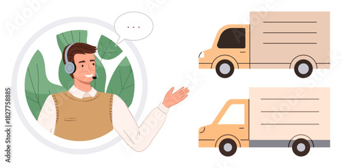 Male support agent wearing a headset gesturing during conversation, with two delivery trucks alongside. Ideal for customer service, logistics, delivery, support communication, e-commerce