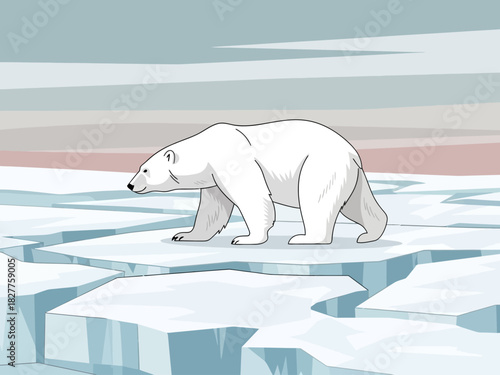 A solitary polar bear walks across a cracked ice floe.