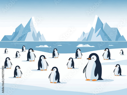 Penguin Colony on Ice with Mountains in the Background.
