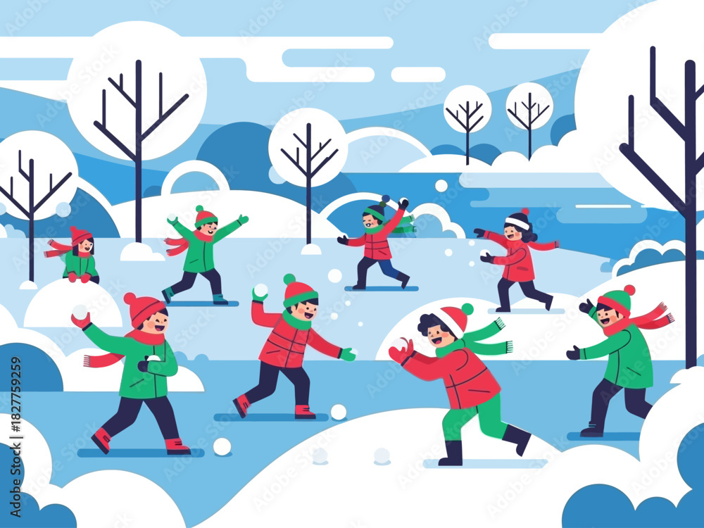 Fototapeta premium Children having a fun snowball fight in the snow.